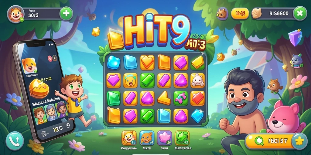 Tangkapan layar HIT9 menunjukkan gameplay seru Match-3 yang penuh warna.