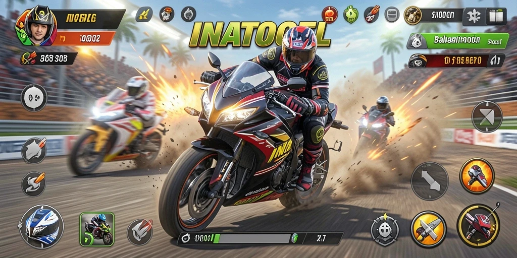 Tangkapan layar gameplay INATOGEL dengan aksi balapan motor yang mendebarkan.
