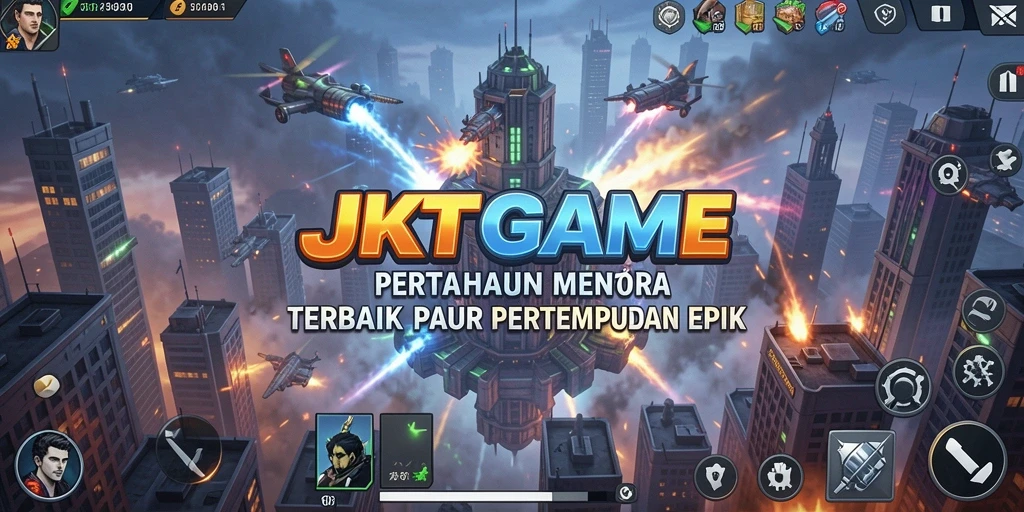 Screenshot JKTGAME menampilkan aksi menara dalam menghadapi gelombang musuh.