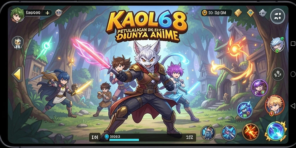 Tangkapan layar gameplay KAOL68 yang penuh aksi dan karakter anime yang menakjubkan.
