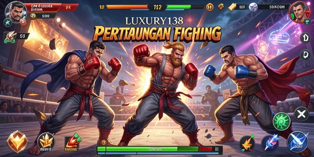 Screenshot gameplay LUXURY138 menampilkan pertarungan intens dalam arena dramatis.