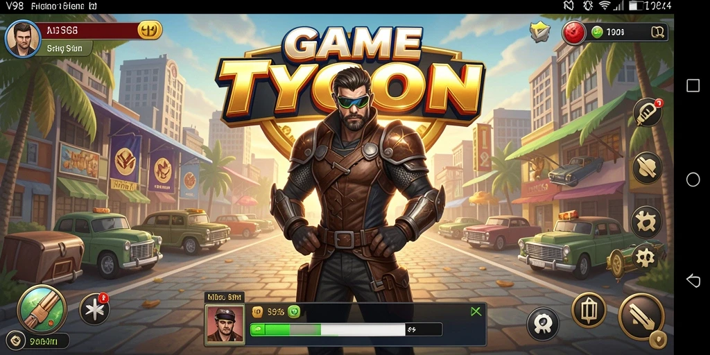 Tampilan gameplay V98 yang seru dan menantang dalam mengelola bisnis.